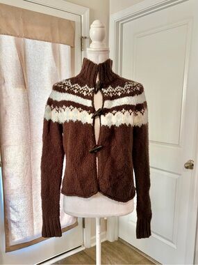Vintage Brown Knit Turtleneck Sweater with Toggle Buttons Winter Cabin Grandma